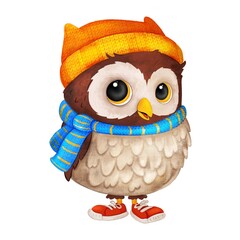 a little owl in a scarf and hat