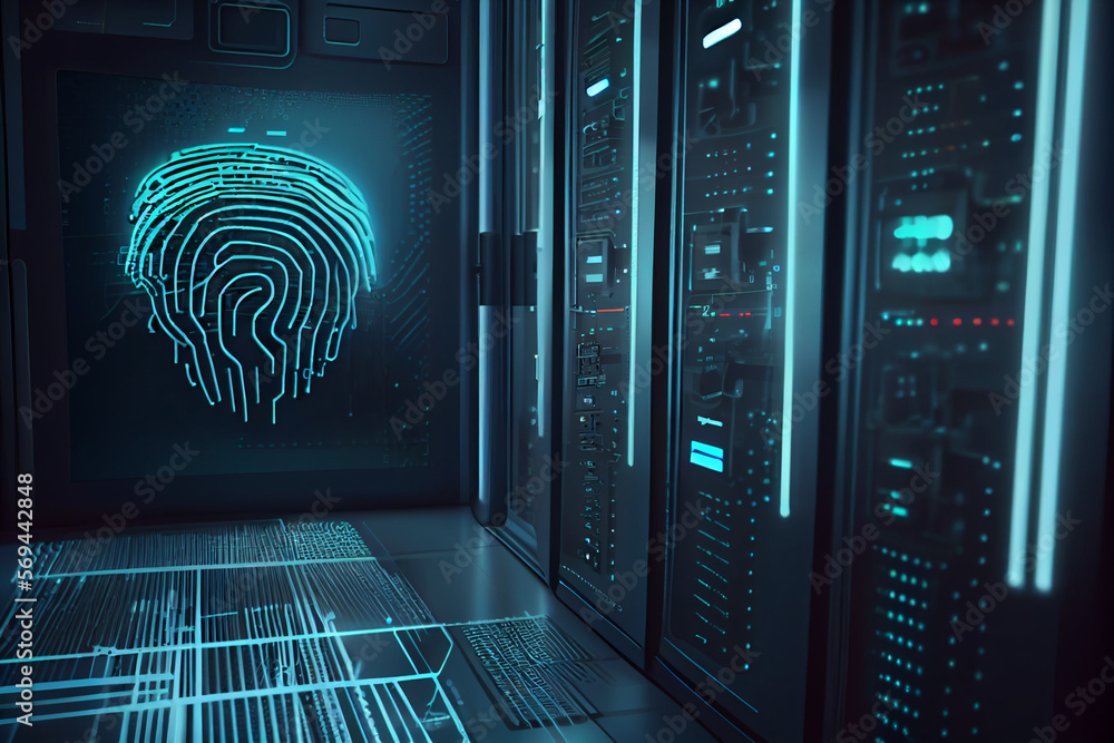 Aufkleber BEAUTIFUL abstract Over the server room is a picture of data processing with a fingerprint icon. Conceptual depiction of global technology and a digital interface