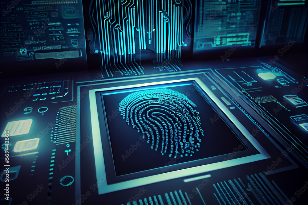 Poster BEAUTIFUL abstract Over the server room is a picture of data processing with a fingerprint icon. Conceptual depiction of global technology and a digital interface