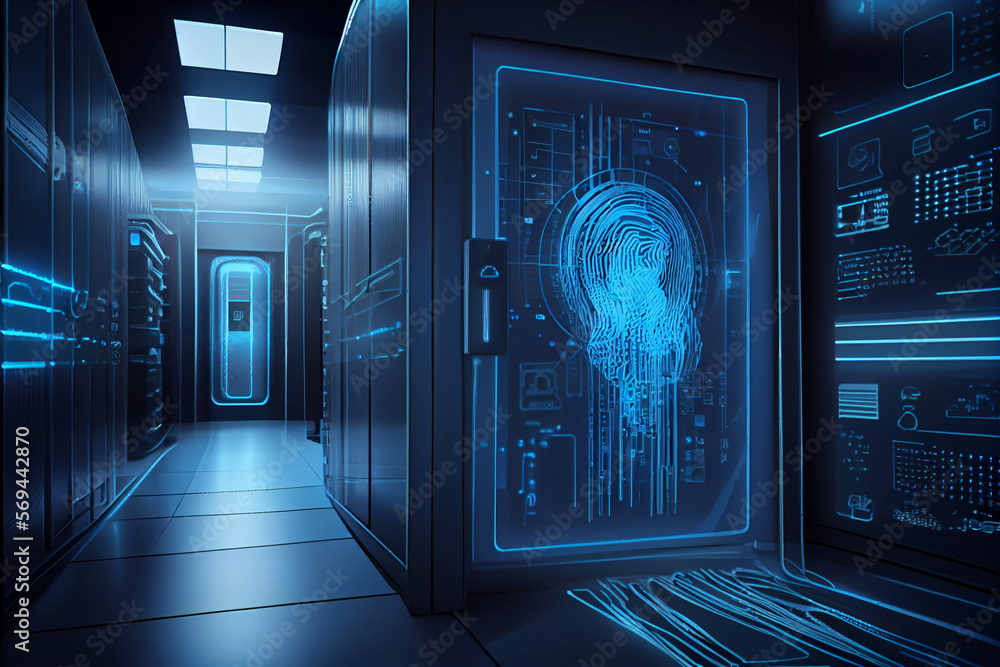 Poster beautiful abstract over the server room is a picture of data processing with a fingerprint icon. con