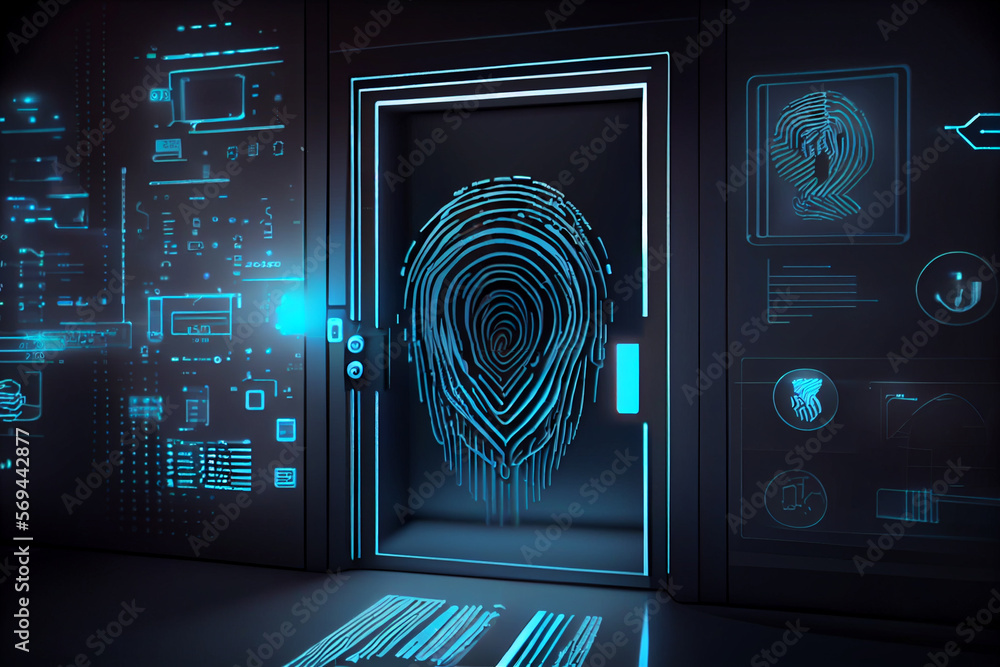 Poster beautiful abstract over the server room is a picture of data processing with a fingerprint icon. con