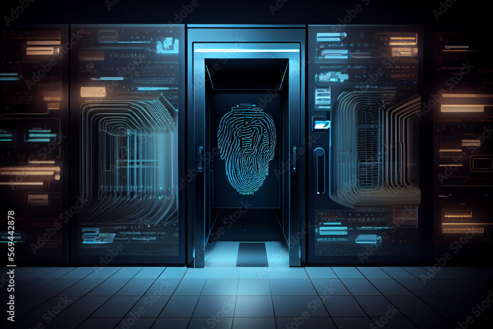Poster beautiful abstract over the server room is a picture of data processing with a fingerprint icon. con