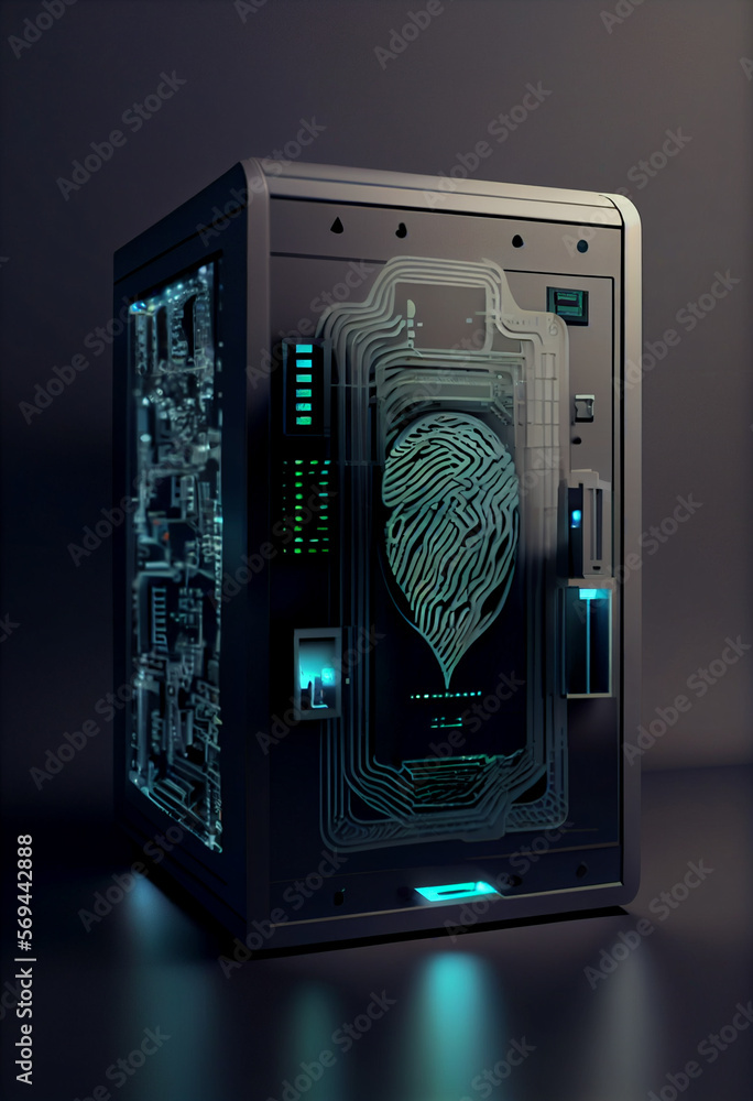 Poster beautiful abstract over the server room is a picture of data processing with a fingerprint icon. con