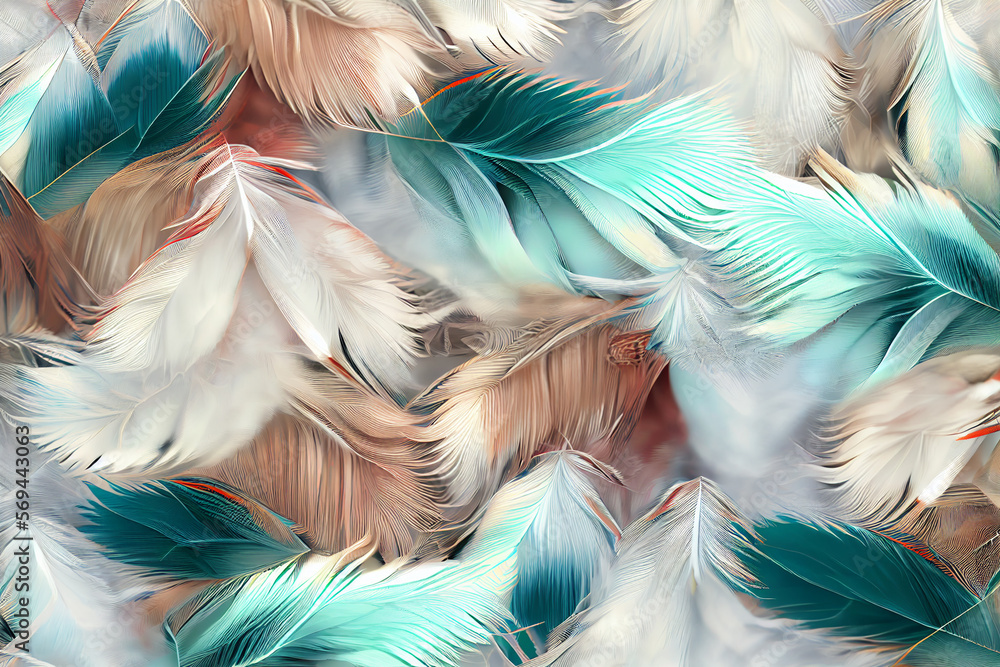 Poster Exotic texture feathers background close up. Soft feathers pattern for your design. 