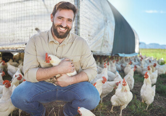 Fototapeta premium Chicken, portrait and farmer on livestock farm for sustainable, agriculture and environmental farming. Eco friendly, organic and agro man with poultry animal for his industry business in countryside.