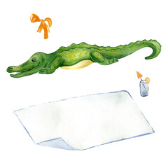 Set of cartoon crocodile, towel, bow, cocktail watercolor illustration isolated on white. Cute Australian animal croc hand drawn. Design element for print, wallpaper, textile, childish sticker, poster