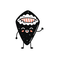 Kawaii sushi mascot in cartoon style. Cute temaki with salmon for menu