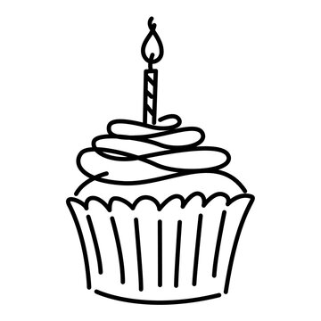 Hand-drawn birthday cake with black lines. Draw a doodle-style cake and candles.