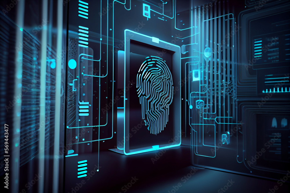 Poster BEAUTIFUL abstract Over the server room is a picture of data processing with a fingerprint icon. Conceptual depiction of global technology and a digital interface