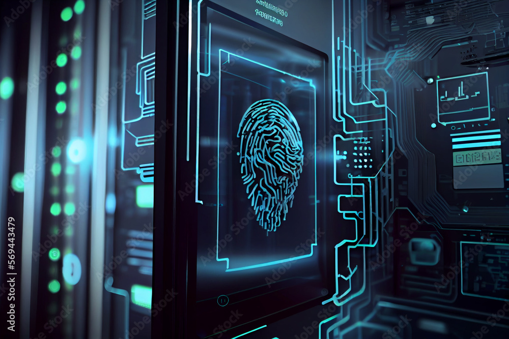 Poster beautiful abstract over the server room is a picture of data processing with a fingerprint icon. con