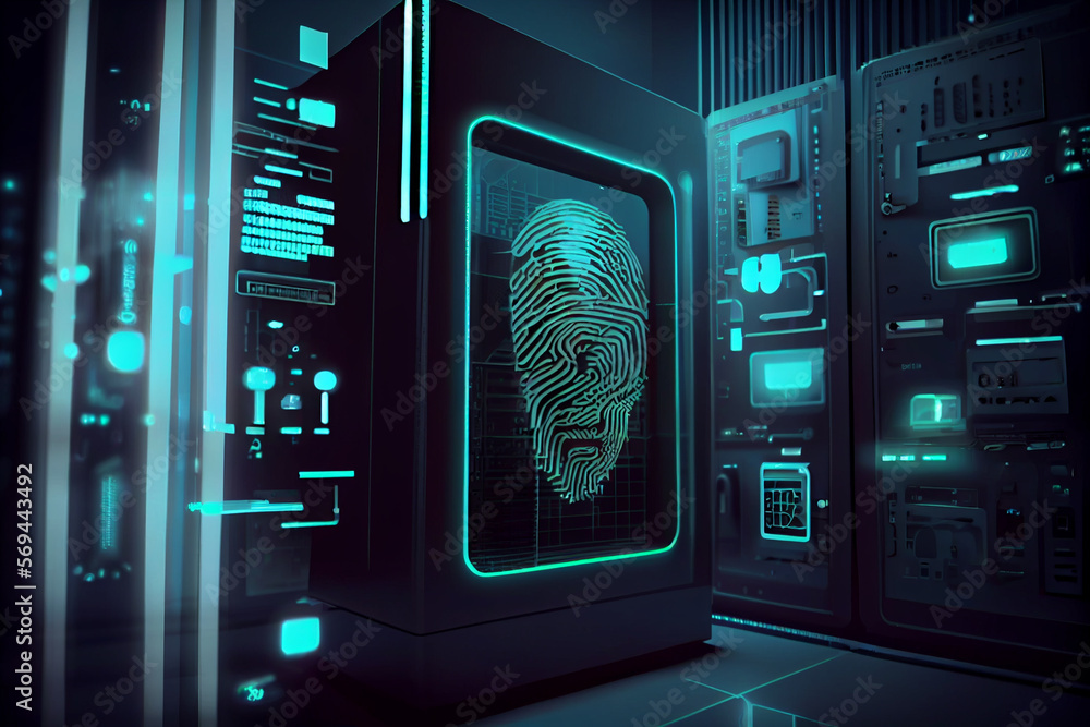 Poster beautiful abstract over the server room is a picture of data processing with a fingerprint icon. con