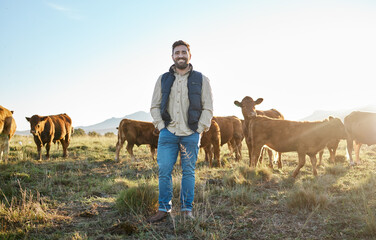 Sustainability, farming and portrait of man with cows on field, happy farmer in countryside with...