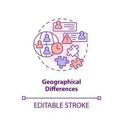 Fototapeta premium Geographical differences concept icon. IT staffing service disadvantage abstract idea thin line illustration. Isolated outline drawing. Editable stroke. Arial, Myriad Pro-Bold fonts used