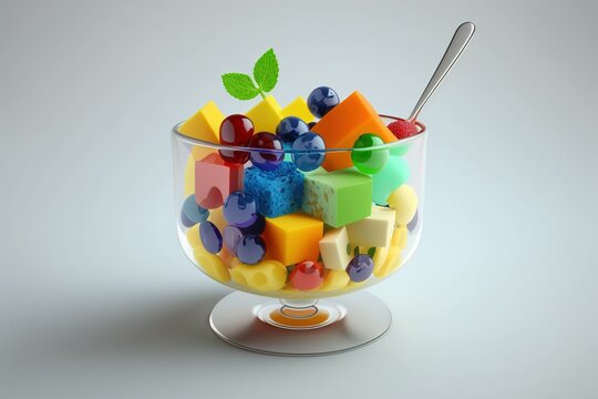 Minimalist 3D render of a colorful and tasty fruit salad in a clear glass bowl | soft pop | generative AI
