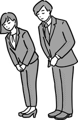 お辞儀をするスーツの男女モノクロイラスト　全身