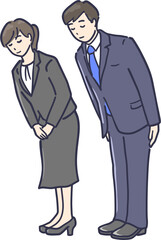お辞儀をするスーツの男女イラスト　全身