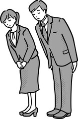 お辞儀をするスーツの男女モノクロイラスト　全身