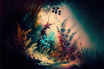 Obraz na płótnie Canvas Enchanted Fantasy Forest Flowers Background, Concept Art, Digital Illustration, Generative AI