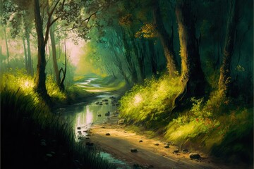 Enchanted Fantasy Forest Path Background, Concept Art, Digital Illustration, Generative AI