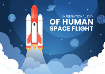Naklejka premium International Human Space Flight Day on April 12 Illustration with Rocket and Kids Astronaut in Flat Cartoon Hand Drawn for Landing Page Templates