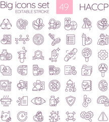 HACCP linear icons set. System of food quality control. Products manufacturing safety. Hazard prevention. Customizable thin line symbols. Isolated vector outline illustrations. Editable stroke