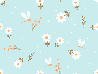 Seamless pattern with daisy flower, summer plant and butterfly cartoons on green mint background vector illustration. Cute floral print.