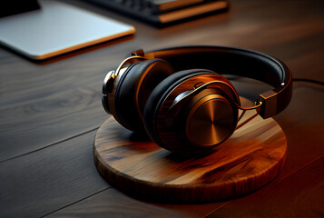 Headphones on a wood table, isolated, high-end studio quality audio, generative ai