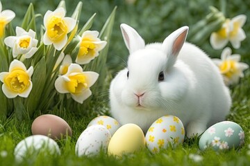 Easter white fluffy rabbit with Easter eggs in the grass. Generative AI