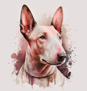 Realistic watercolor english pit bull terrier with watercolor stains background.AI generated.