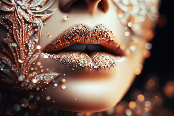Close up female lips with crystals, fashion make up, ai generated