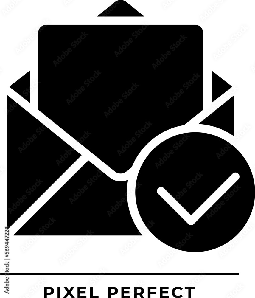 Poster letter with check mark black glyph icon. read message symbol. open envelope with paper and tick. ema