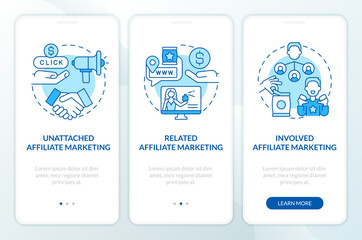 Affiliate marketing programs blue onboarding mobile app screen. Walkthrough 3 steps editable graphic instructions with linear concepts. UI, UX, GUI template. Myriad Pro-Bold, Regular fonts used