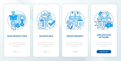 Become affiliate merchant blue onboarding mobile app screen. Ecommerce walkthrough 4 steps editable graphic instructions with linear concepts. UI, UX, GUI template. Myriad Pro-Bold, Regular fonts used