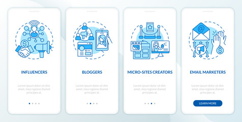 Affiliate marketers types blue onboarding mobile app screen. Sales walkthrough 4 steps editable graphic instructions with linear concepts. UI, UX, GUI template. Myriad Pro-Bold, Regular fonts used