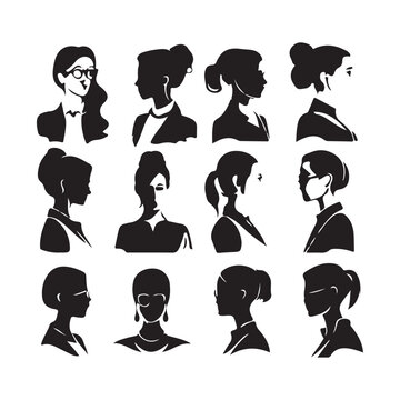 Vector collection of business woman face and head silhouette