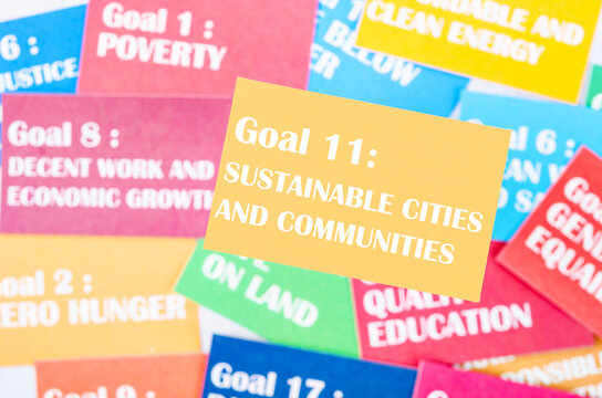 The Goal 11 : Sustainable cities communities; The SDGs 17 development goals environment. Environment Development concepts.