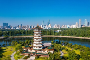 Aerial leap changsha martyrs park lake xiaoxiang pavilion and the urban landscape