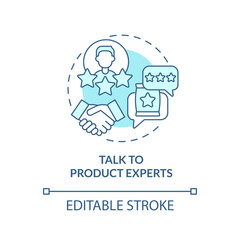 Talk to product experts turquoise concept icon. Get recommendation. Affiliate program abstract idea thin line illustration. Isolated outline drawing. Editable stroke. Arial, Myriad Pro-Bold fonts used