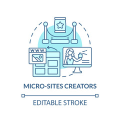 Micro sites creators turquoise concept icon. Sales online. Affiliate marketers type abstract idea thin line illustration. Isolated outline drawing. Editable stroke. Arial, Myriad Pro-Bold fonts used