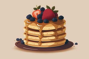 Minimalist 2D illustration of a stack of three fluffy and golden brown pancakes topped with fresh berries | soft pop | generative AI - obrazy, fototapety, plakaty