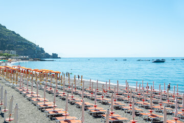 Beach Chairs and Umbrellas on The Maiori Beach, Amalfi Coast, Campania, Italy