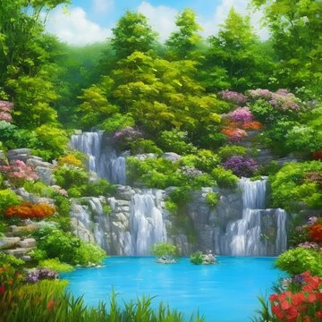 Oil painting of a waterfall in the park, AI Generated 