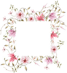 Hand drawn watercolor pink floral frame. Elegant delicate illustration for poster, invitation, postcard, background and wedding invitation templates