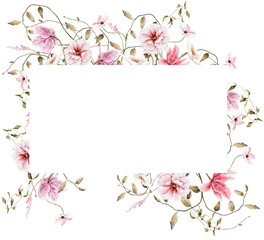 Hand drawn watercolor pink floral frame. Elegant delicate illustration for poster, invitation, postcard, background and wedding invitation templates