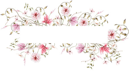 Obraz na płótnie Canvas Hand drawn watercolor pink floral frame. Elegant delicate illustration for poster, invitation, postcard, background and wedding invitation templates