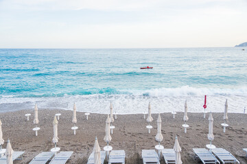 Beach Chairs and Umbrellas on The Maiori Beach, Amalfi Coast, Campania, Italy
