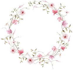 Hand drawn watercolor pink floral wreath. Elegant delicate illustration for poster, invitation, postcard or background and wedding invitation templates - 569449838