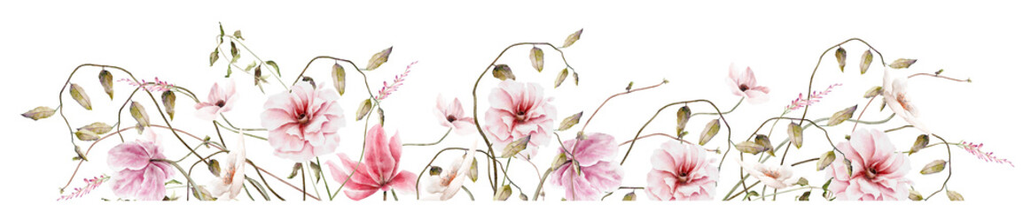 Hand drawn watercolor pink floral border. Elegant delicate illustration for poster, invitation, postcard, background and wedding invitation templates - 569449847