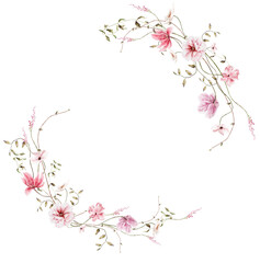Hand drawn watercolor pink floral wreath. Elegant delicate illustration for poster, invitation, postcard or background and wedding invitation templates - 569449863
