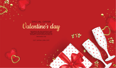 Valentine's Day design. Realistic gift boxes with champagne glass. Holiday banner, web poster, flyer, stylish brochure, greeting card, cover. romantic background